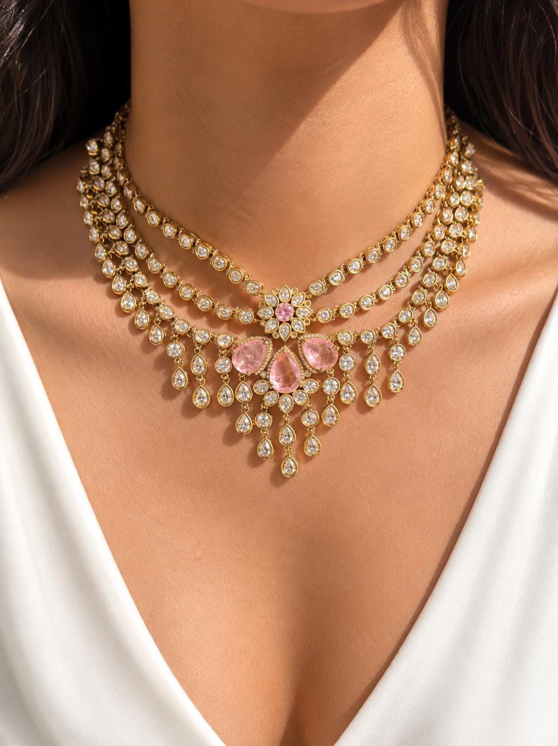 Polki Jewelry Pink Doublet Indian Layered Necklace Sabyasachi Inspired Moissanite Polki Diamond Kundan Choker