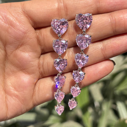 Pink Diamond Earrings Heart Shape Long Dangle Statement Moissanite Pink Sapphire Stone Cocktail Jewelry