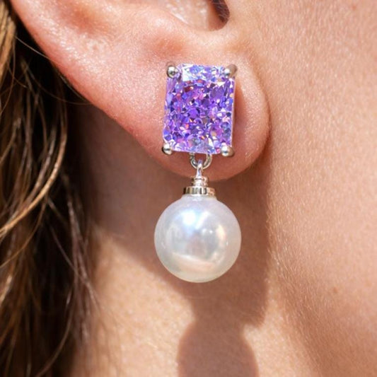 Purple Diamond Earrings Pearl Drop Statement Lavender Purple Sapphire Stone Jewelry Moissanite Designer Gift