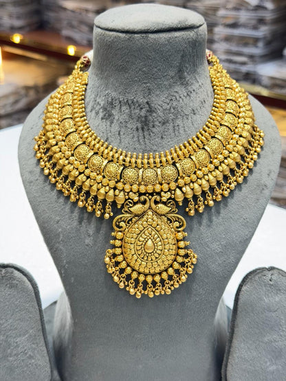 Indian Bridal Necklace Antique Jewelry Choker South India Jewelry Temple Gold Plated Traditional Set