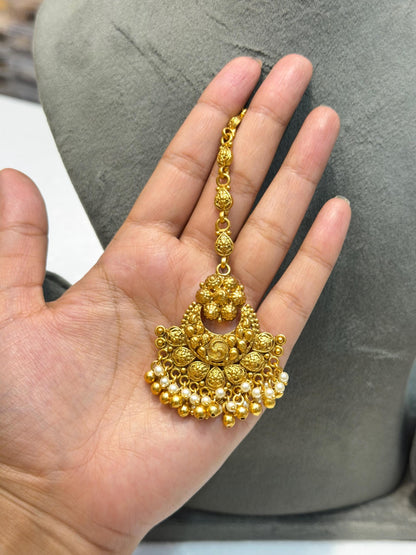 Antique Golden Indian Necklace Gold Plated Pearl Choker South Indian Bridal Jewelry Temple Set