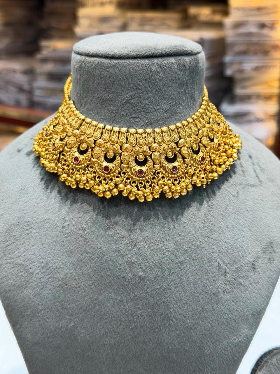 Indian Necklace Antique Gold Plated Bridal Choker South Indian Jewelry Temple Wedding Golden Set