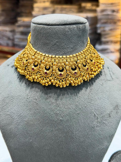 Indian Necklace Antique Gold Plated Bridal Choker South Indian Jewelry Temple Wedding Golden Set