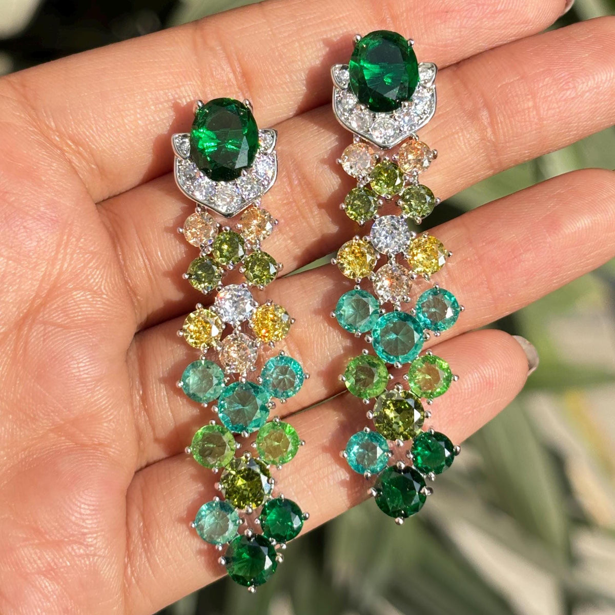Emerald Diamond Earrings Teal Statement Long Dangle Chandelier Moissanite Multi Green Stone Jewelry Wedding