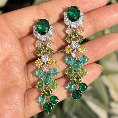 Emerald Diamond Earrings Teal Statement Long Dangle Chandelier Moissanite Multi Green Stone Jewelry Wedding