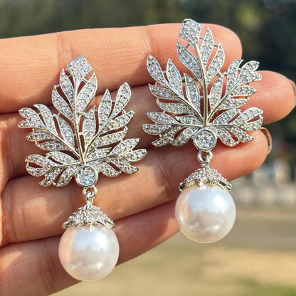 Large Diamond And Pearl Earrings Leaf Shape Statement Chandelier Pearl Drop CZ Moissanite Jewelry