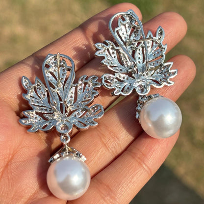 Large Diamond And Pearl Earrings Leaf Shape Statement Chandelier Pearl Drop CZ Moissanite Jewelry