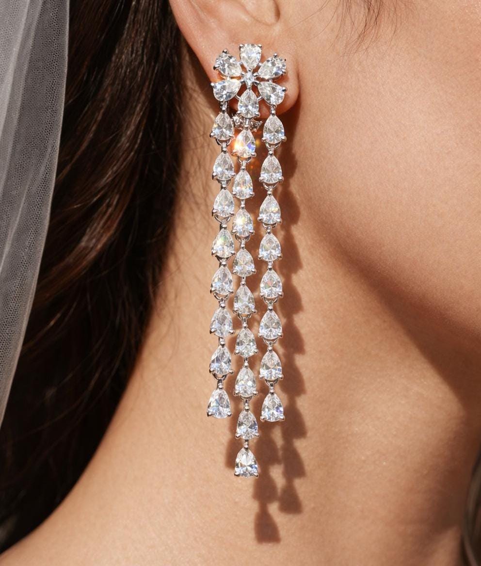 Moissanite Diamond Chandelier Earrings Large Statement Huge Dangle Drop Flower CZ Bridal Wedding Jewelry