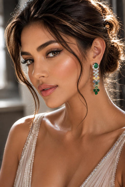 Emerald Diamond Earrings Teal Statement Long Dangle Chandelier Moissanite Multi Green Stone Jewelry Wedding