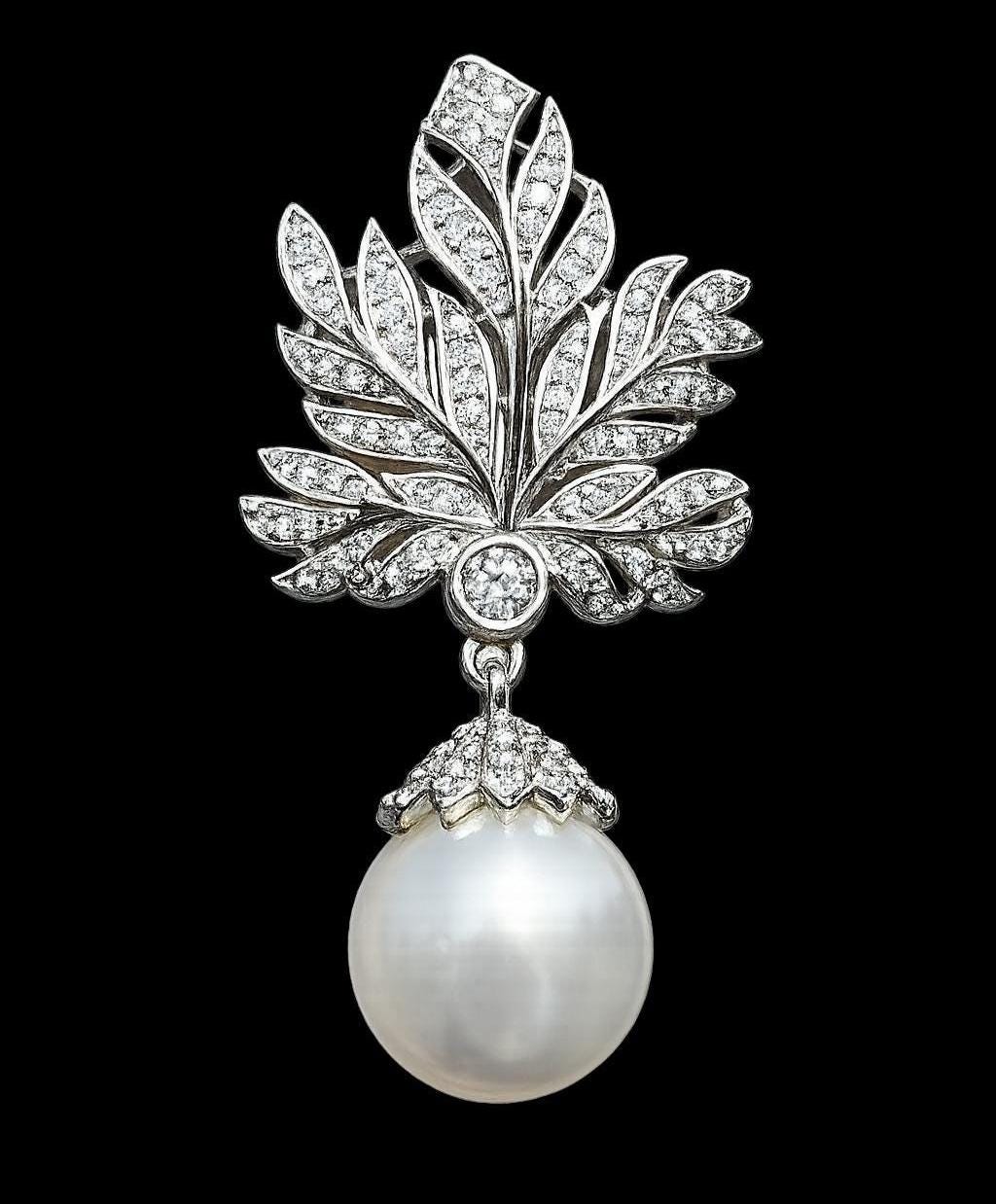 Large Diamond And Pearl Earrings Leaf Shape Statement Chandelier Pearl Drop CZ Moissanite Jewelry