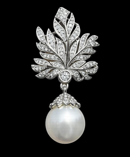 Large Diamond And Pearl Earrings Leaf Shape Statement Chandelier Pearl Drop CZ Moissanite Jewelry