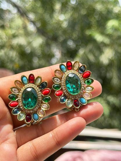 Large Studs Multicolor Earrings Statement Teal Sapphire Moissanite Mix Stone Oval Shape Designer Jewelry