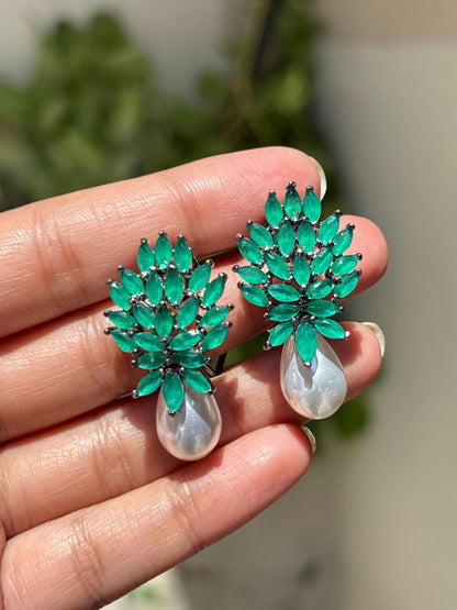 Emerald Diamond Earrings Pearl Drop Statement Green Stone Jewelry Cubic Zirconia Bride Wedding Gift
