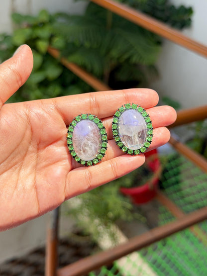Large Purple Stone Earrings Green Diamond Statement Studs Oval Shape Designer Oversized Studs CZ