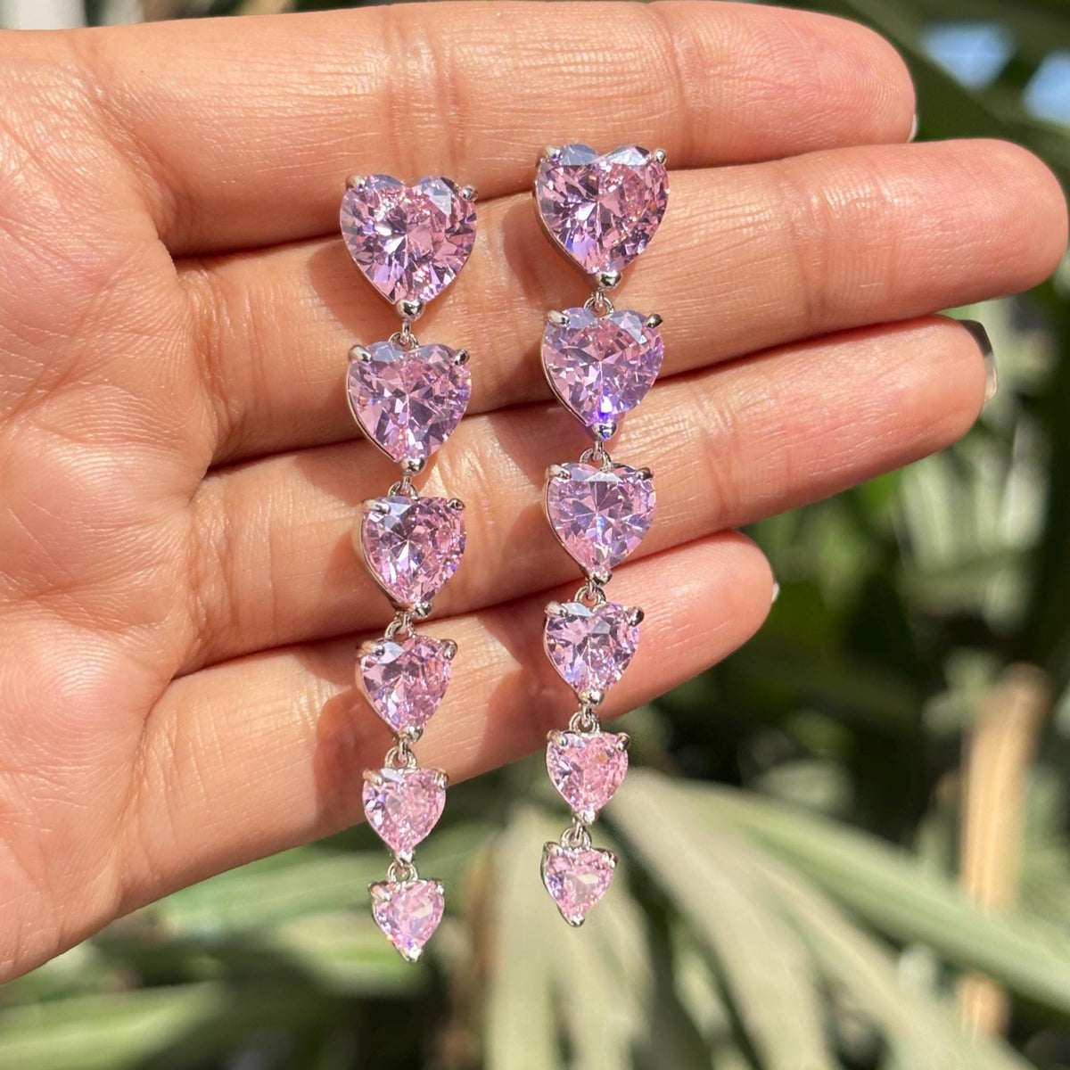Pink Diamond Earrings Heart Shape Long Dangle Statement Moissanite Pink Sapphire Stone Cocktail Jewelry