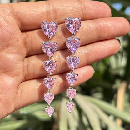 Pink Diamond Earrings Heart Shape Long Dangle Statement Moissanite Pink Sapphire Stone Cocktail Jewelry