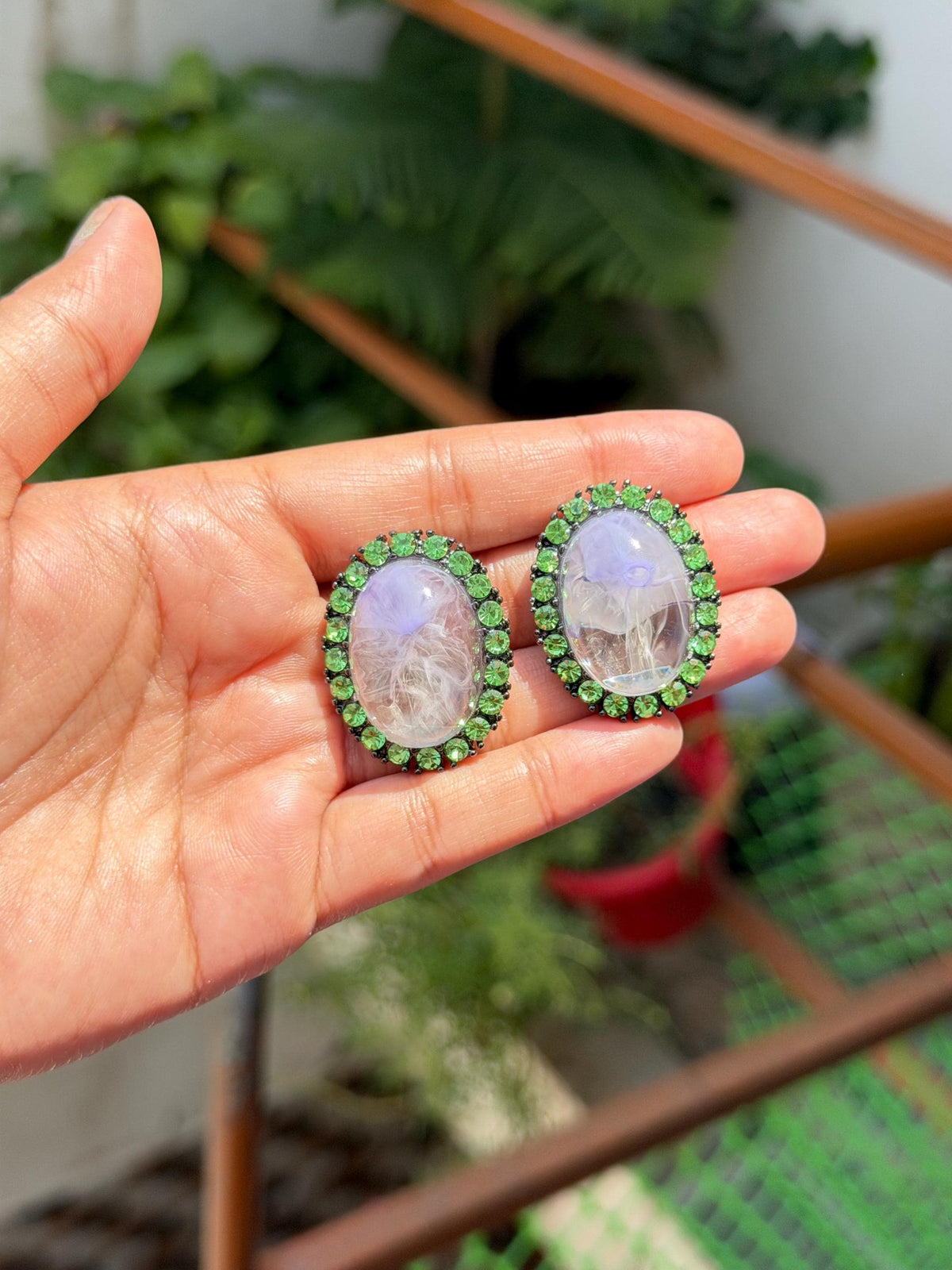 Large Purple Stone Earrings Green Diamond Statement Studs Oval Shape Designer Oversized Studs CZ