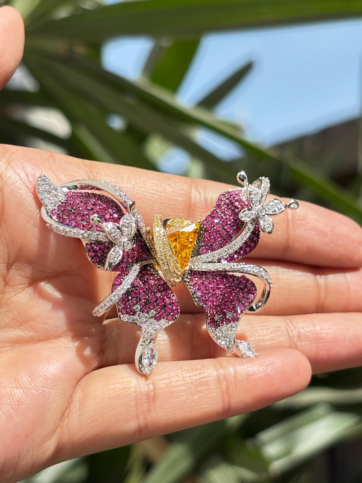 Large Ruby Brooch Butterfly Shape Moissanite Yellow Diamond Pink Sapphire Canary Stone Jewelry Designer