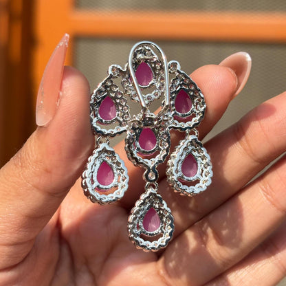 Large Ruby Diamond Earrings Chandelier Statement Teardrop CZ Moissanite Pink Sapphire Cocktail Party Jewelry