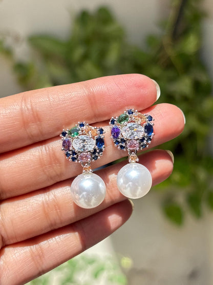 Multicolor Earrings Pearl Drop Statement Mix Stone Jewelry CZ Moissanite Cubic Zirconia Wedding Gift