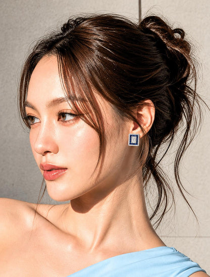 Sapphire Diamond Earrings Small Statement Studs Invisible Setting Moissanite Royal Blue Stone Jewelry Gift