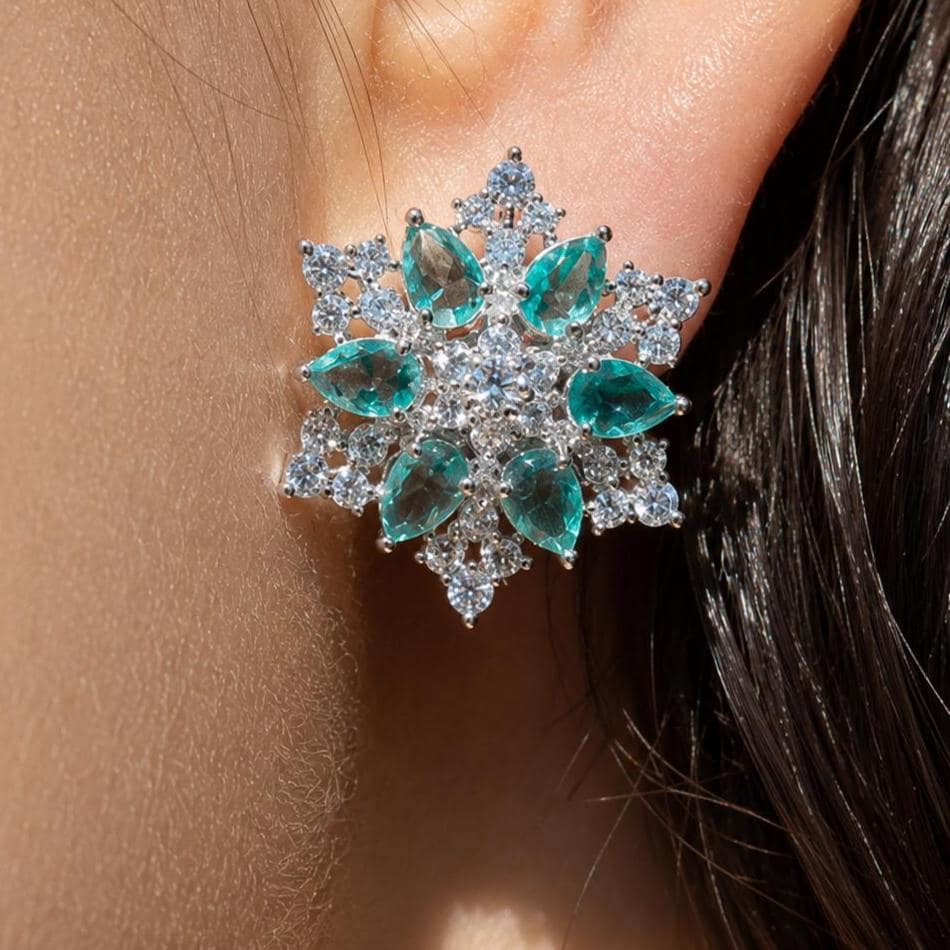Mint Diamond Earrings Statement Studs Large Flower Shape Light Mint Sapphire Green Moissanite Jewelry