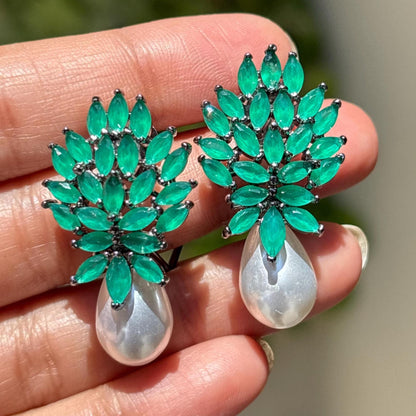 Emerald Diamond Earrings Pearl Drop Statement Green Stone Jewelry Cubic Zirconia Bride Wedding Gift