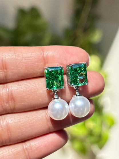 Vivid Green Diamond Earrings Statement Pearl Drop CZ Moissanite Light Green Stone Jewelry Wedding