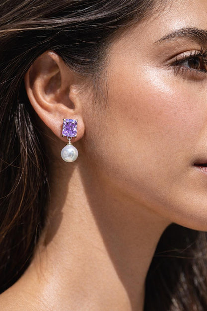 Purple Diamond Earrings Pearl Drop Statement Lavender Purple Sapphire Stone Jewelry Moissanite Designer Gift