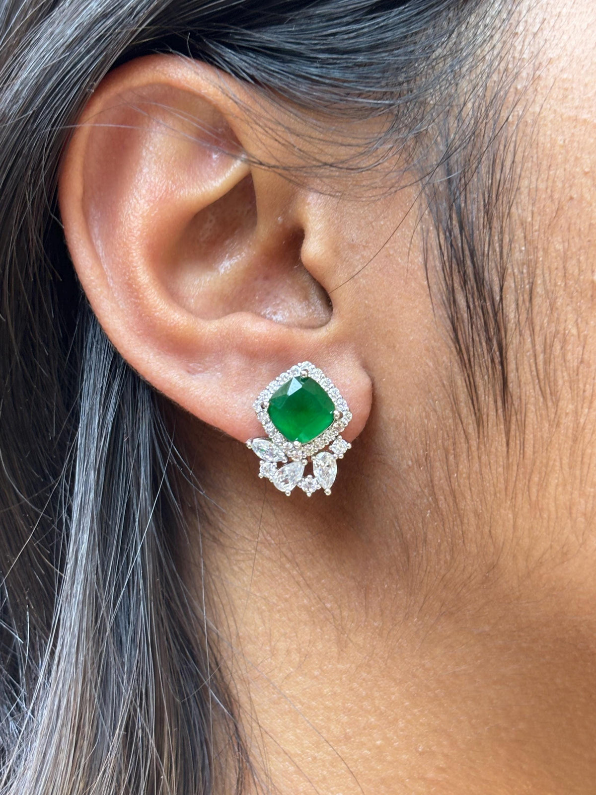 Green Paraiba Tourmaline Stud Earrings CZ Moissanite Emerald DOublet Stone Jewelry Everyday Gift Her