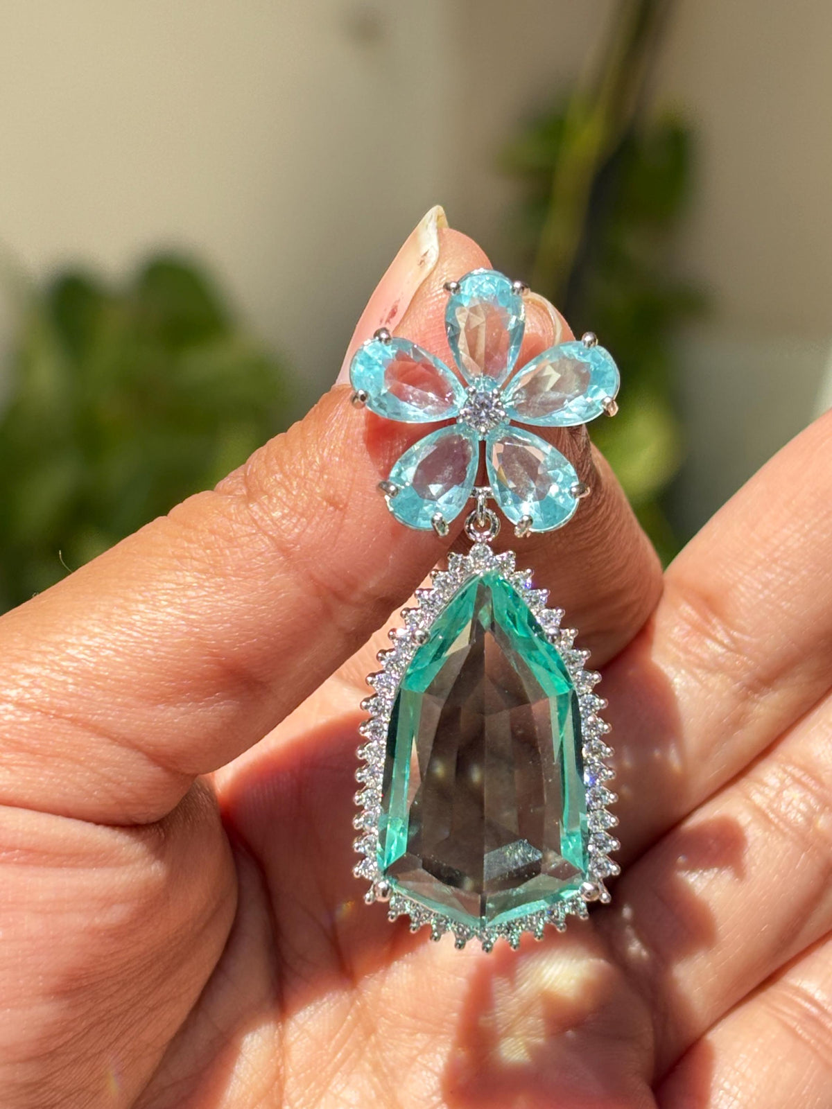 Aquamarine Diamond Earrings Statement Large Flower Shape Long Teal Sapphire Aqua Blue Designer Jewelry