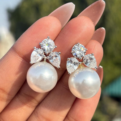 Large Pearl Drop Earrings Statements Moissanite Diamond CZ Bride Big Pearl Jewelry Wedding Gift