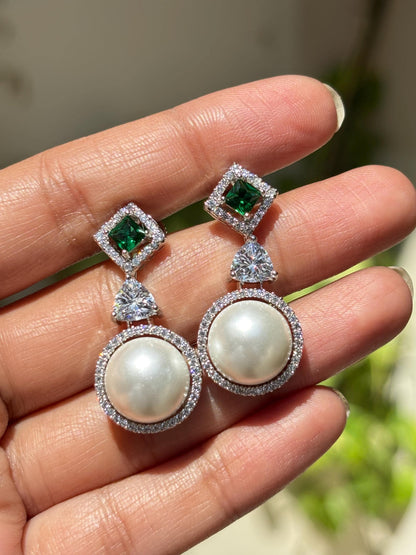 Pearl Emerald Earrings Moissanite Diamond Dangle Drop Statement Cubic Zirconia Green CZ Jewelry Wedding