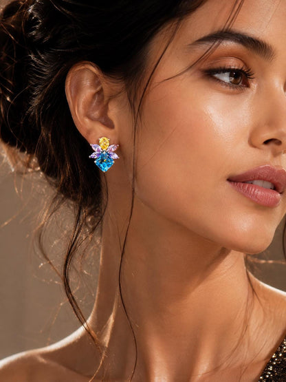 Aquamarine Earrings Multicolor Statement Studs Aqua Blue CZ Moissanite Diamond Colorful Stone Jewelry Gift