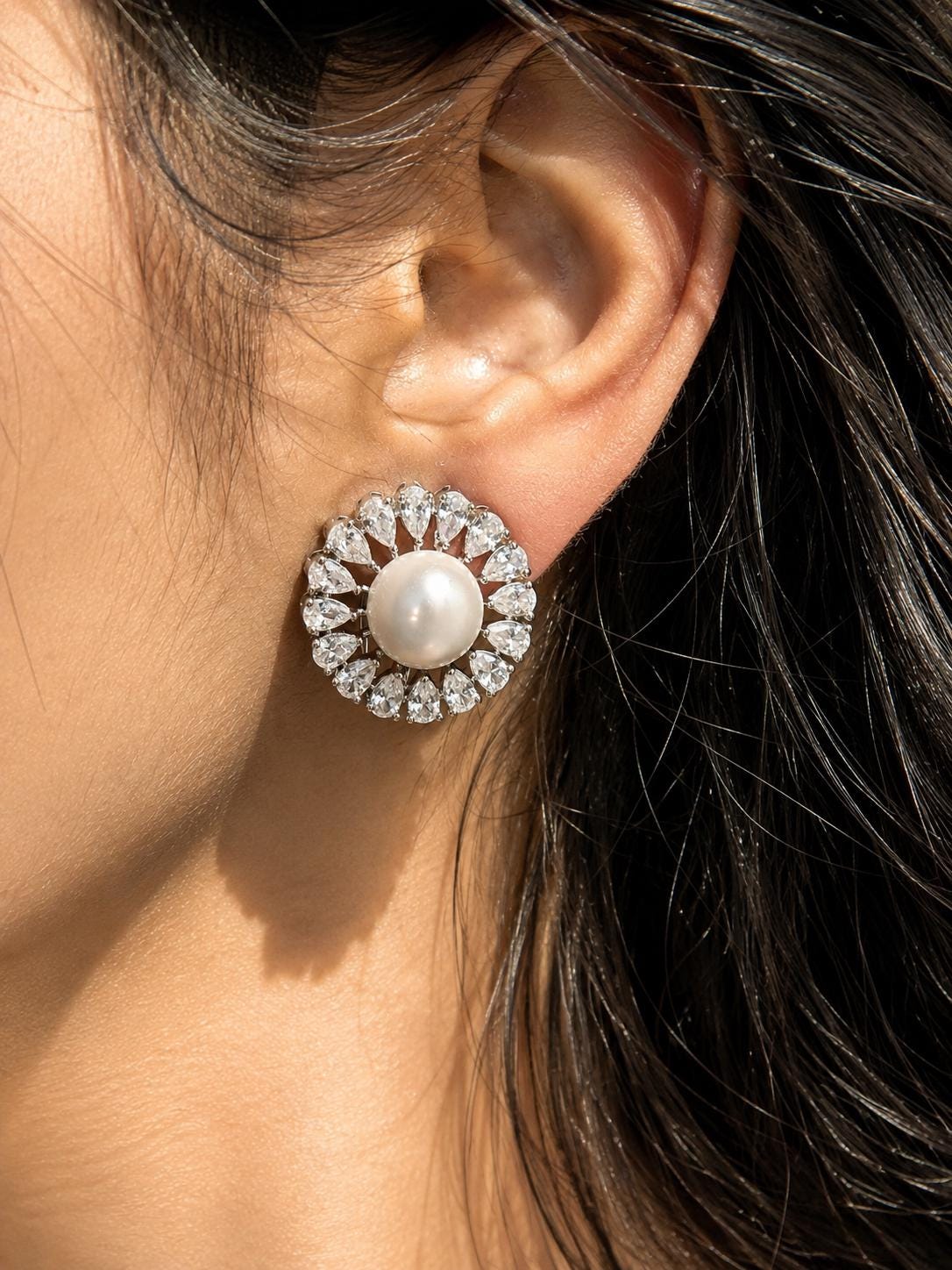 Large Pearl Earrings Cubic Zirconia CZ Moissanite Statement Studs Big Huge Everyday Style Wedding