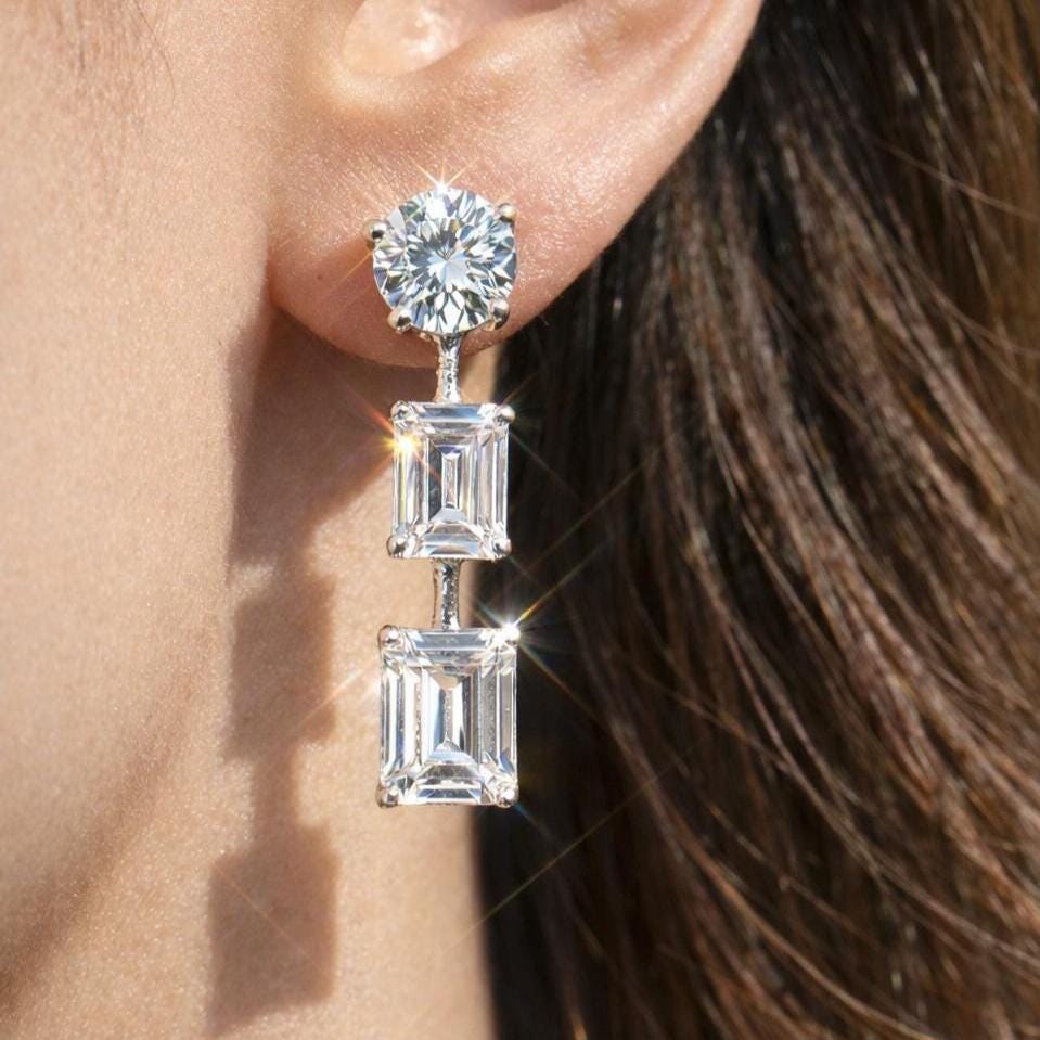 Moissanite Diamond Earrings Small Dangle Emerald Cut Minimalist CZ Cubic Zirconia Bride Wedding Gift