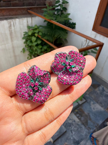 Pink Sapphire Earrings Statement Studs Large Ruby Diamond Green Emerald Moissanite Pave Setting Jewelry