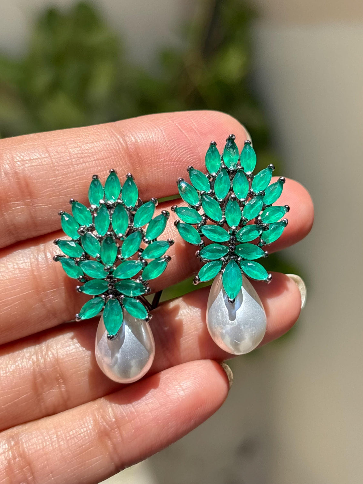 Emerald Diamond Earrings Pearl Drop Statement Green Stone Jewelry Cubic Zirconia Bride Wedding Gift