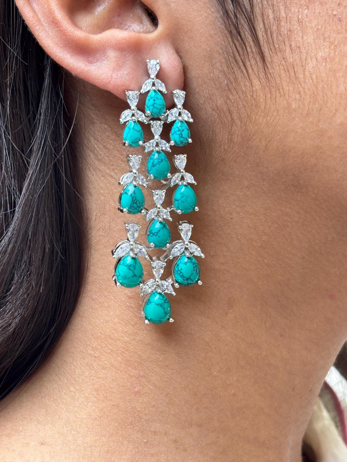 Large Turquoise Earrings Statement Big Chandelier Long Dangle Firoza Stone Moissanite Blue Gemstone Jewelry