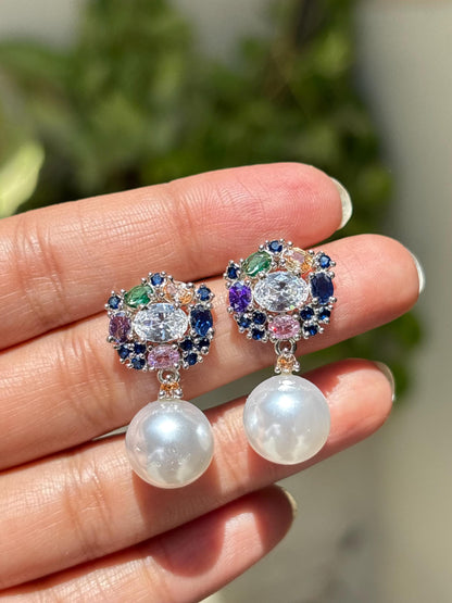 Multicolor Earrings Pearl Drop Statement Mix Stone Jewelry CZ Moissanite Cubic Zirconia Wedding Gift