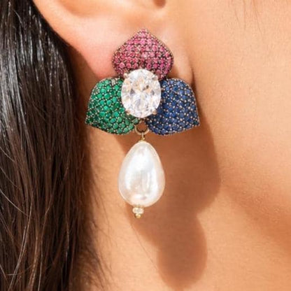 Pearl Drop Earrings Pave Setting Ruby Stone Sapphire Diamond Green Emerald Multicolor Wedding Jewelry
