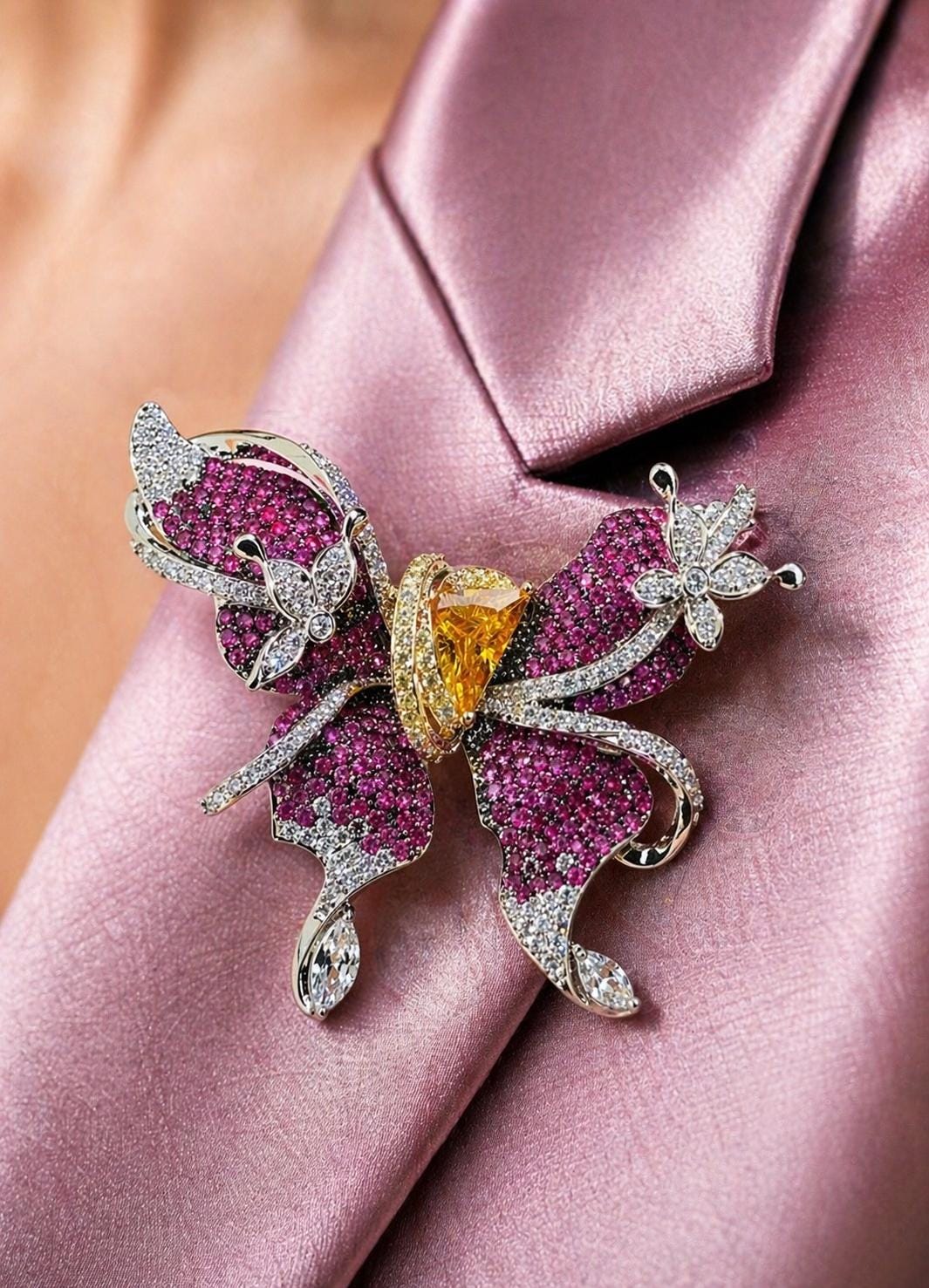 Large Ruby Brooch Butterfly Shape Moissanite Yellow Diamond Pink Sapphire Canary Stone Jewelry Designer