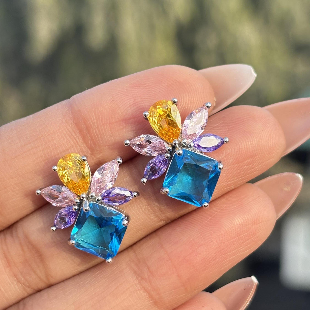 Aquamarine Earrings Multicolor Statement Studs Aqua Blue CZ Moissanite Diamond Colorful Stone Jewelry Gift