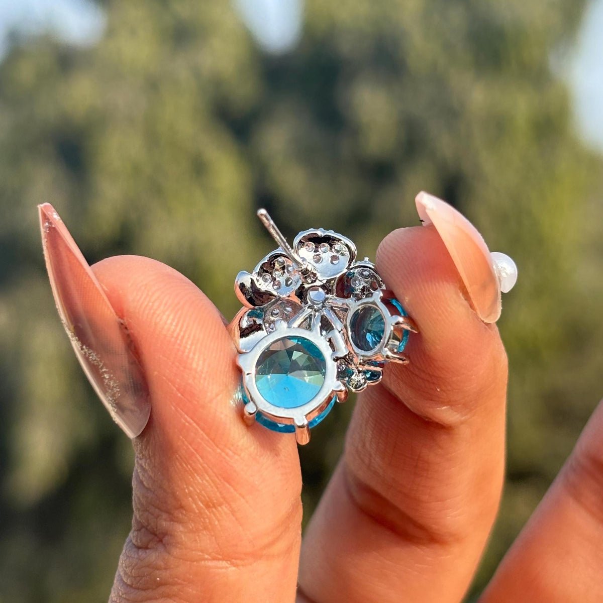 Aquamarine Earrings Small Studs Aqua Blue Stone Jewelry Flower Moissanite Diamond Prom Gift Her