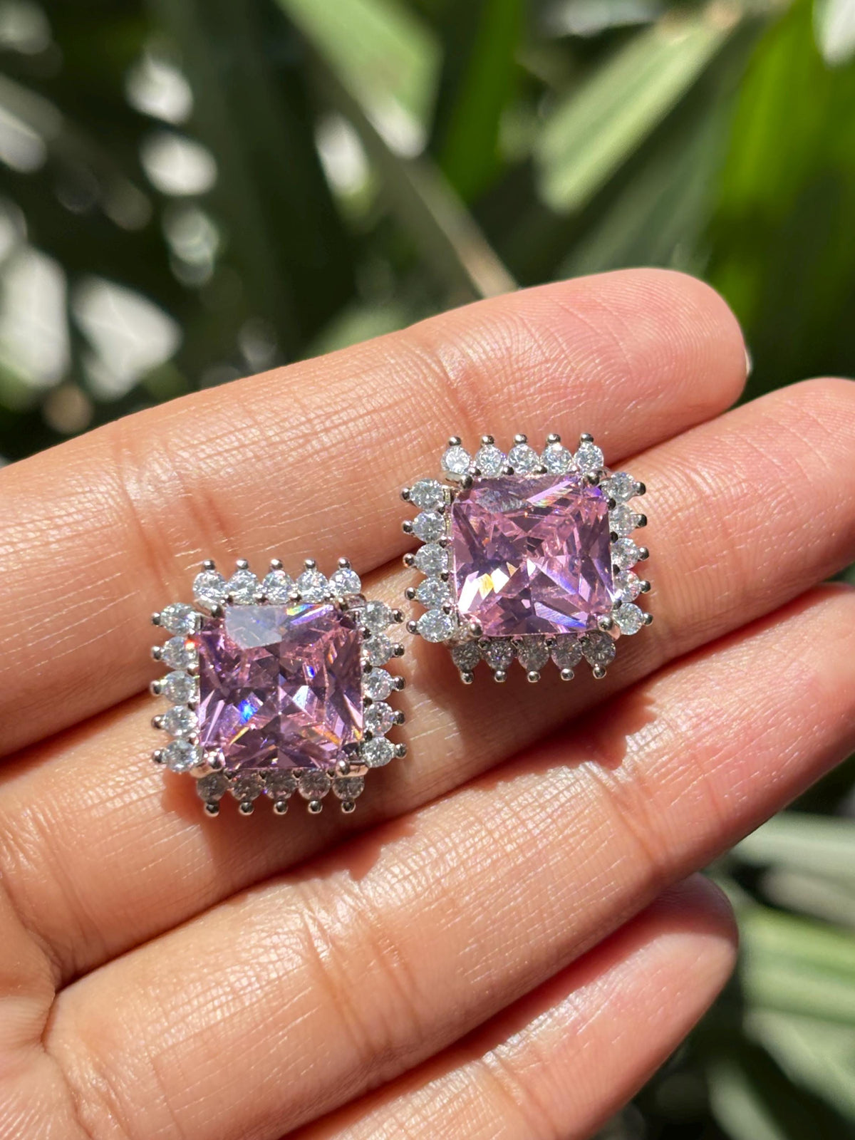 Pink Diamond Earrings Statement Small Studs Cubic Zirconia Moissanite CZ Pink Stone Jewelry Everyday