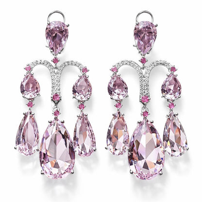 Pink Chandelier Earrings Moissanite Statement Teardrop Shape Pink Sapphire Large Dangle CZ Wedding Jewelry