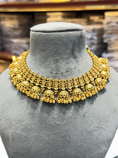 Indian Jewelry Gold Necklace Antique Gold Plated Bridal Choker South India Golden Temple Set