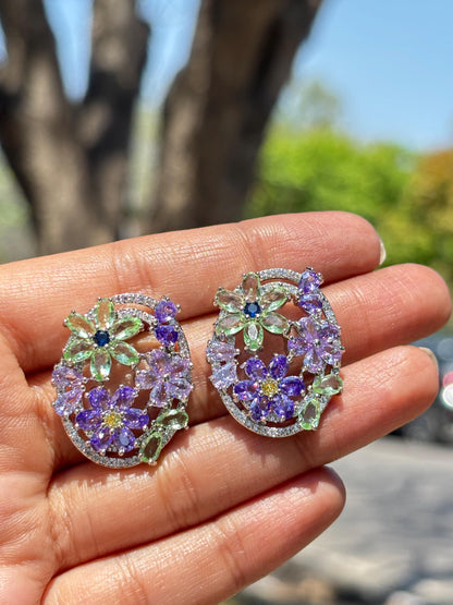Large Purple Diamond Earrings Green Statement Studs Big Multicolor Mix Stone Lavender Stone Jewelry