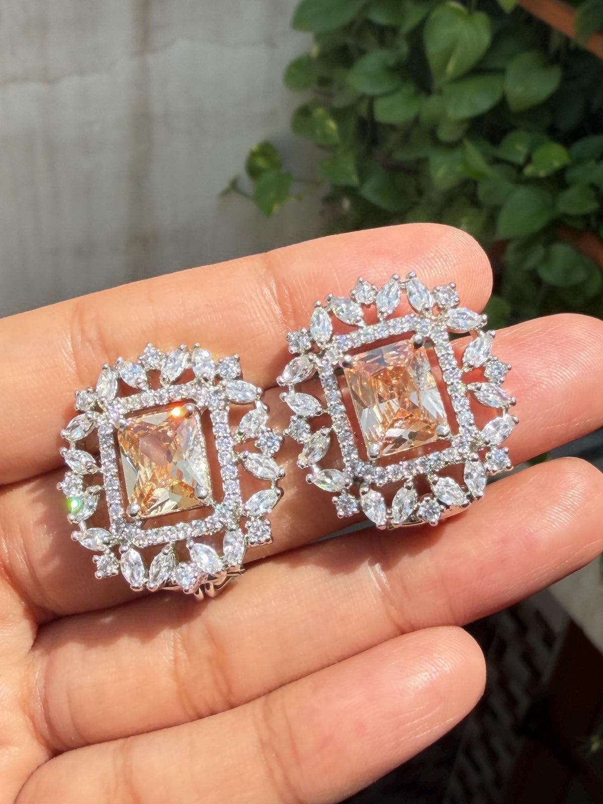 Champagne Diamond Earrings Large Statement Studs CZ Moissanite Champagne Stone Jewelry Cubic Zirconia Gift