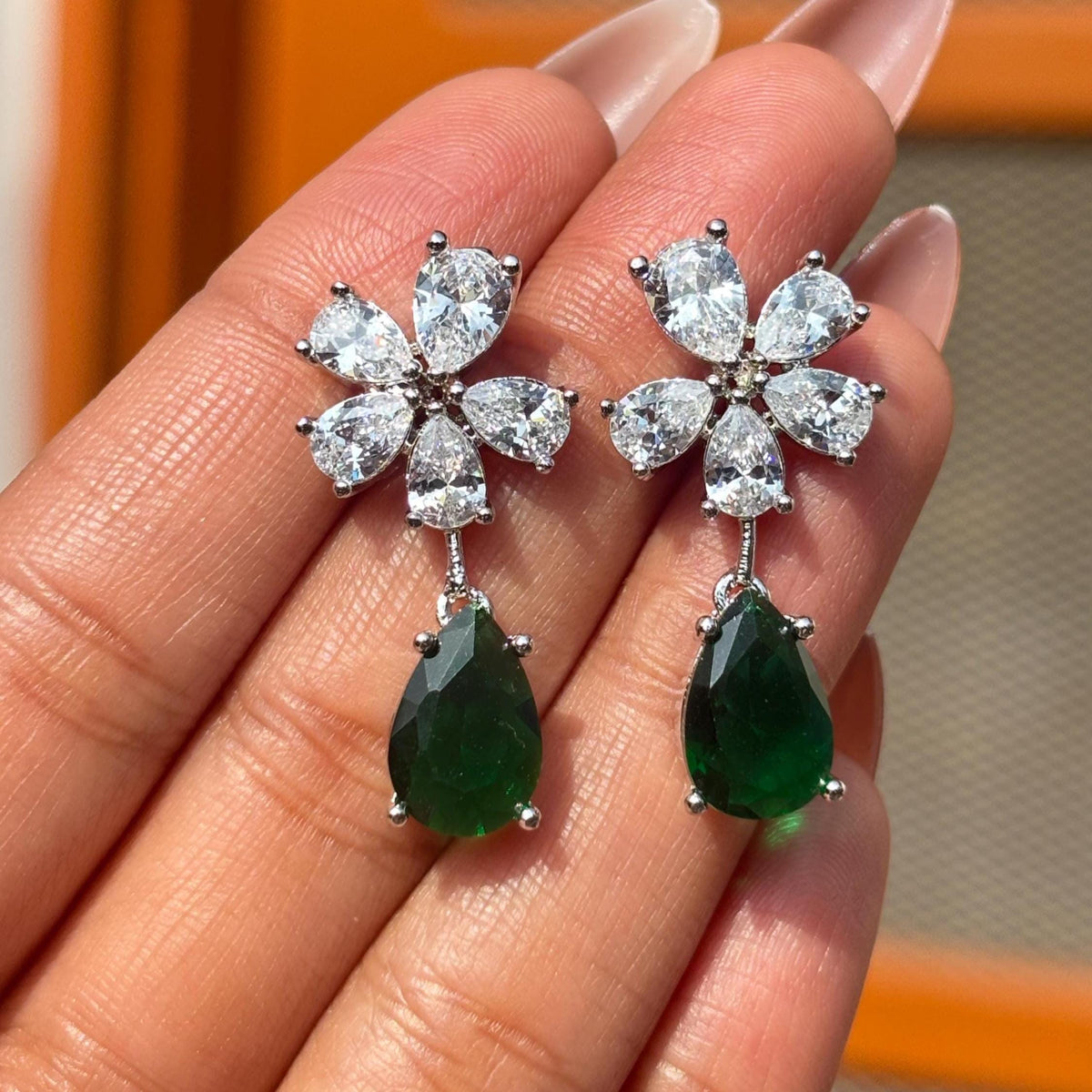 Emerald Earrings Dangle Drop Statement Moissanite CZ Green Diamond Jewelry Bride WEDDING Gift Her